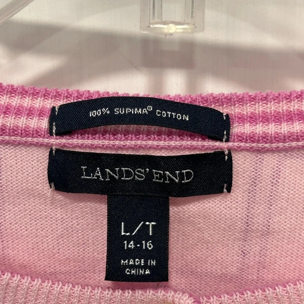 Lands' End Cardigan Sweater Lightweight Button Pink Window Pane Size L